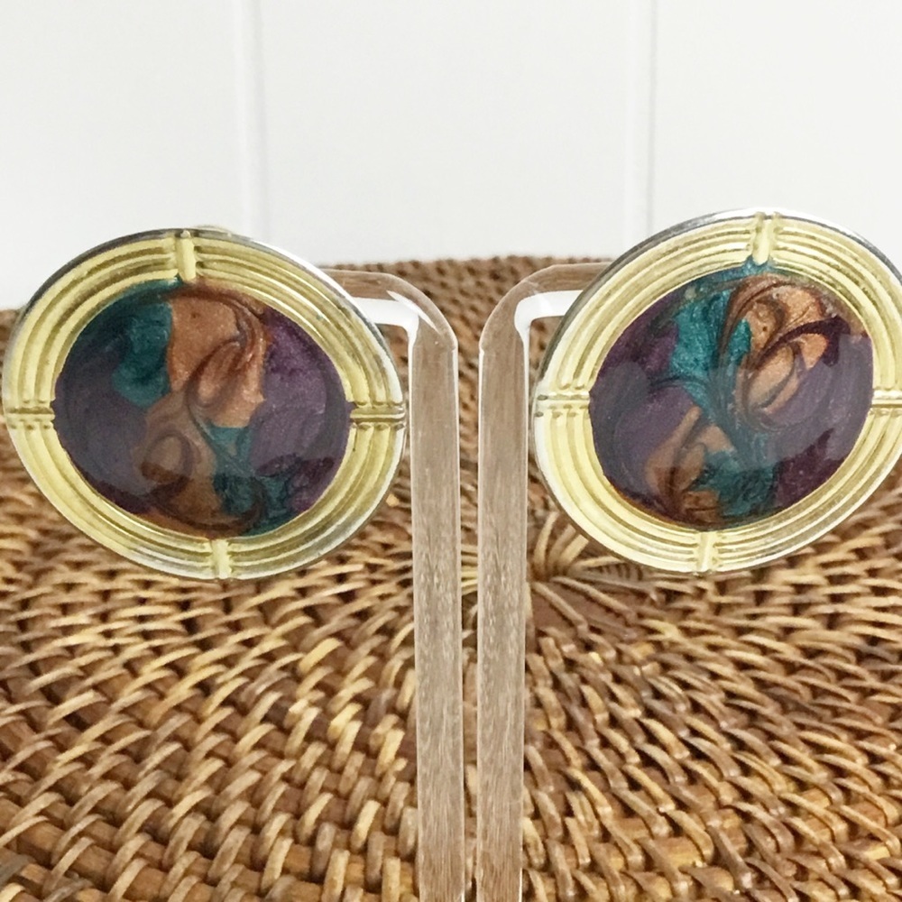 Vintage Large Earrings Gold With Green & Purple